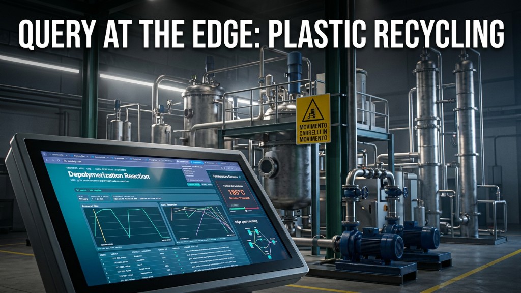 Plastic recycling plant with a process screen showing a depolymerization reaction