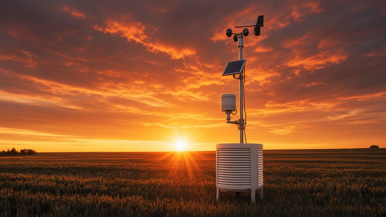 Remote weather station in an open field